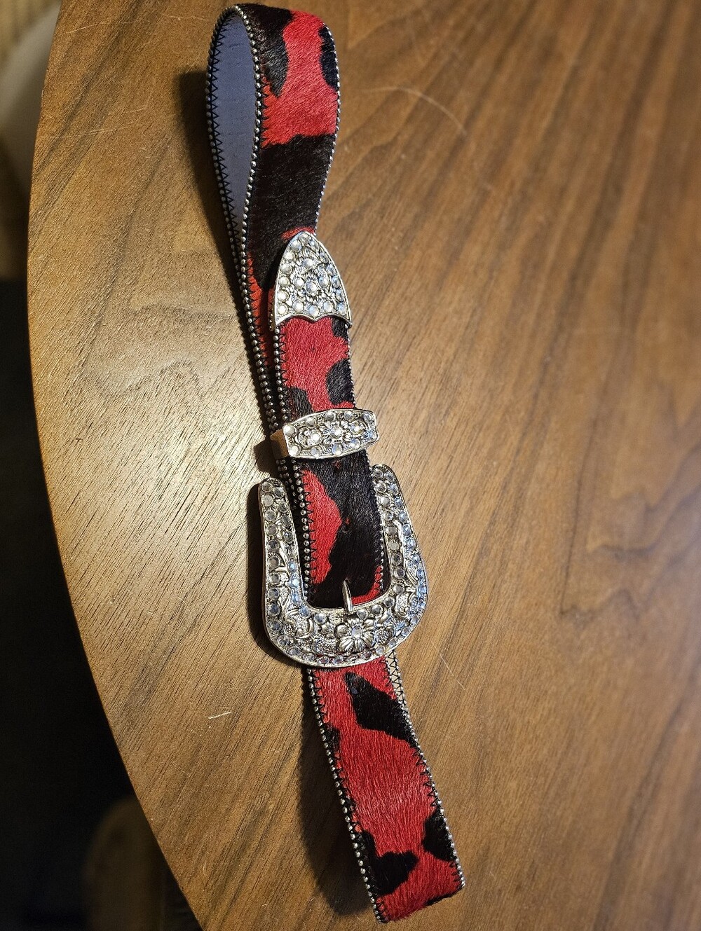 Genuine Italian Leather Red & Black Animal Print Hair Belt M  Crystal Buckle